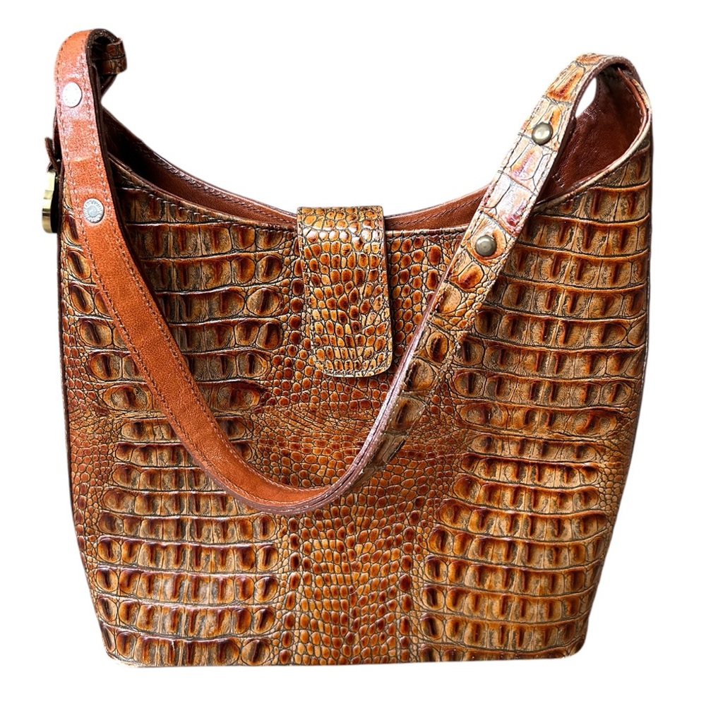 BRAHMIN Vintage Croc Embossed Toasted Almond Leather Shoulder Bag Handbag